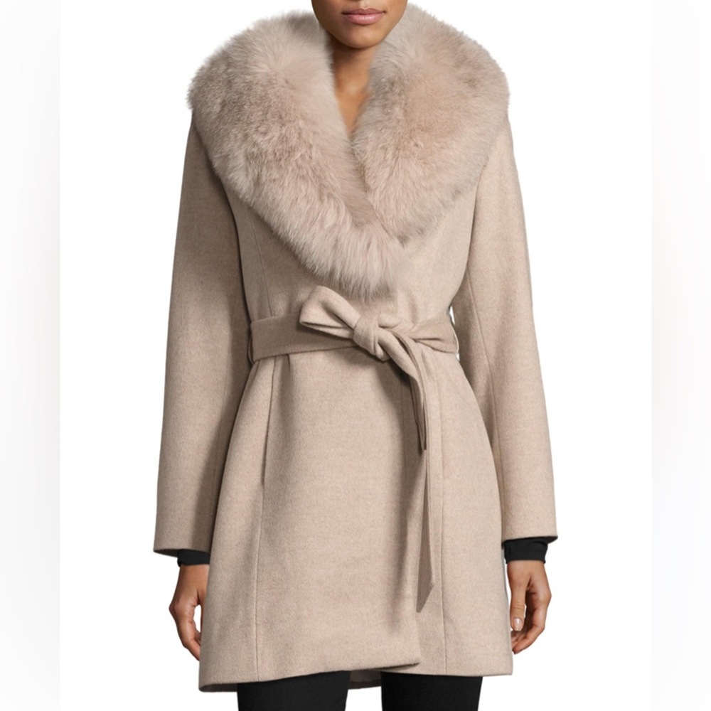 Sofia Cashmere Fox Fur-trimmed Wool Wrap Coat in Stone